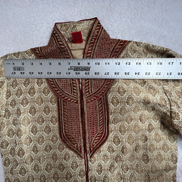 Ethnic Neu-ron Mens Beige Sherwani Traditional Indian Wedding Outfit Gold Maroon - Picture 5 of 8